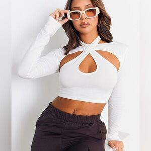 Prettylittlething White Cotton Halterneck Overlay Crop Top ***NWT***